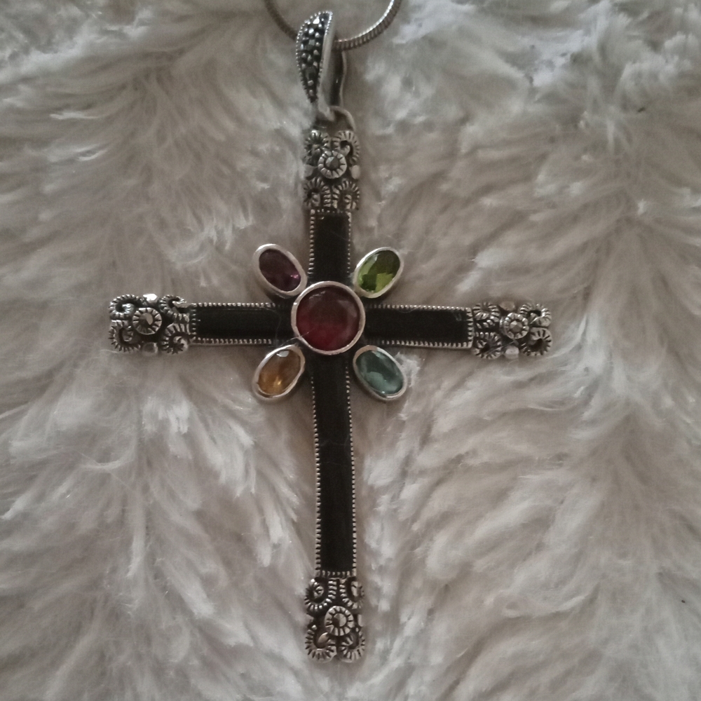 Stunning Sterling Silver Cross Necklace With Onyx Inlay & Semi Precious Stones